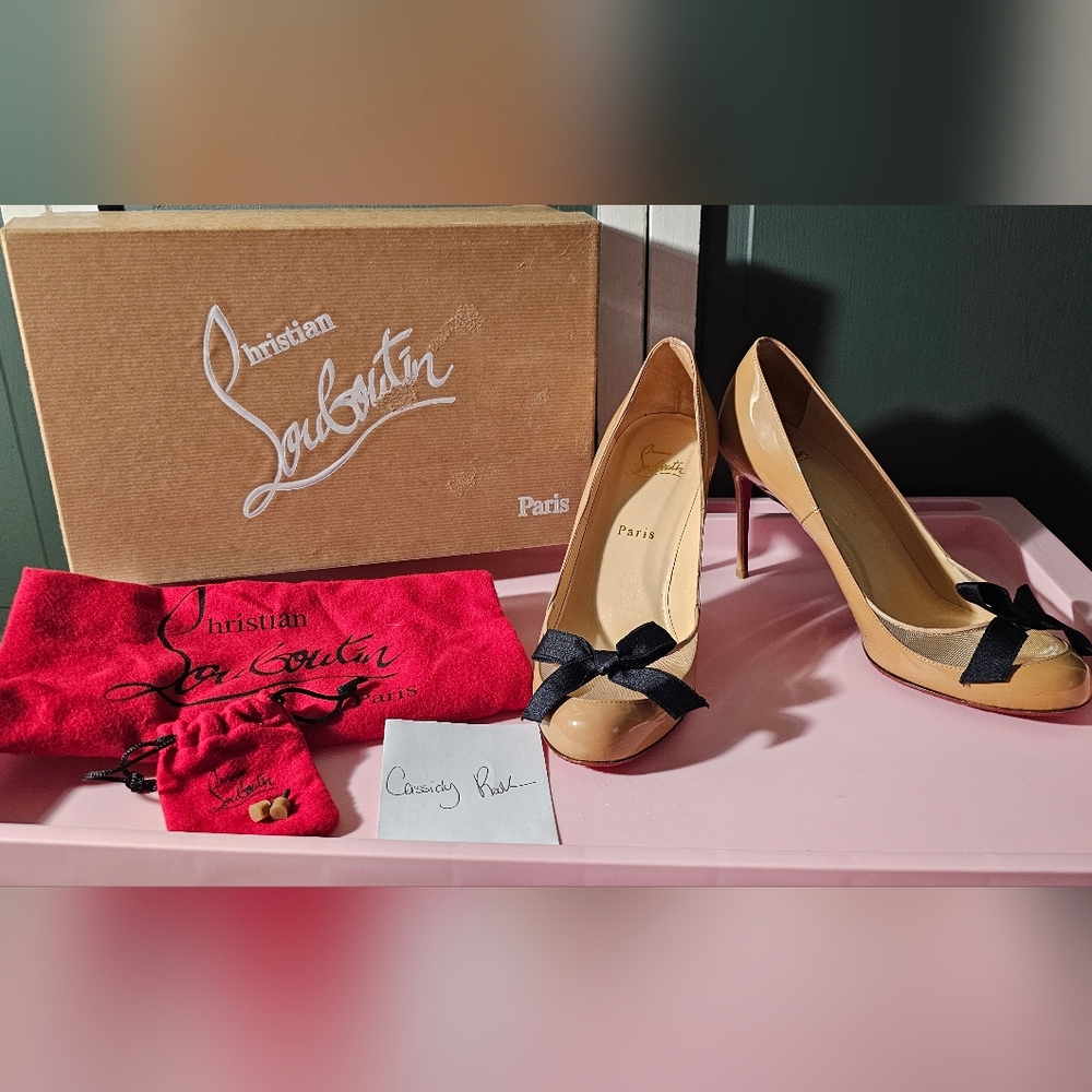 Christian Louboutin Tan Stiletto Heels with Bow Detail